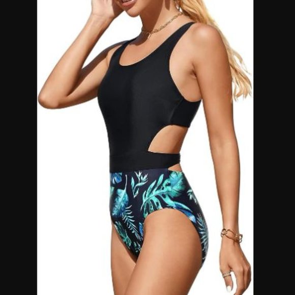 Black Tropical One Piece Swimsuit - Picture 3 of 8